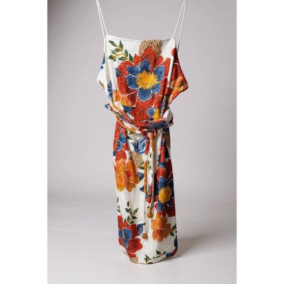 FARM Rio Pineapple Flowers Linen Blend Midi Dress Wrap Belted Size L - Picture 5 of 7